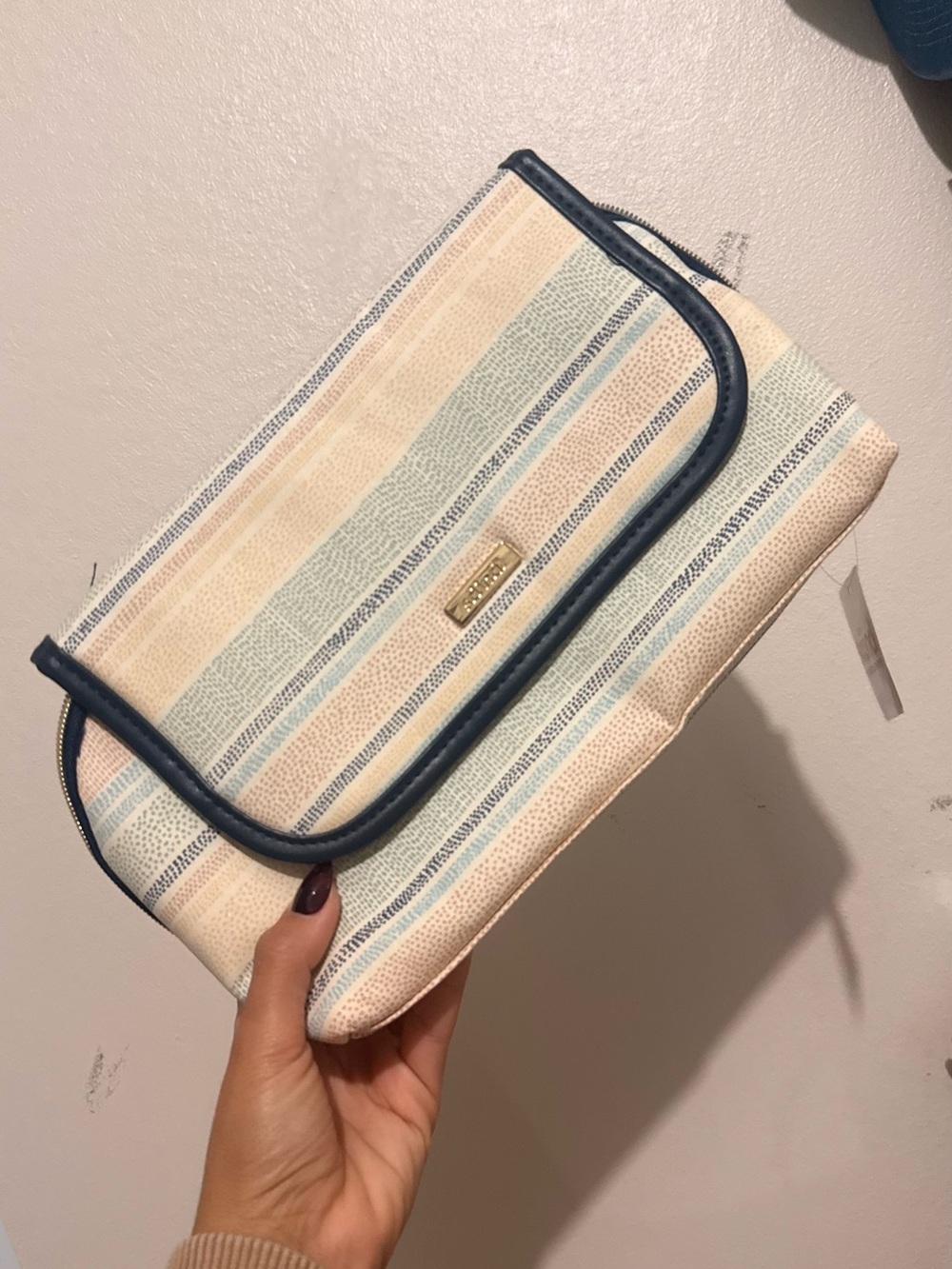 Makeup Travel Organizer Striped Pastel Clutch with Navy Trim